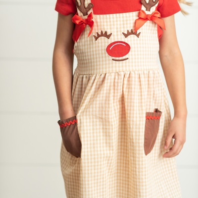 Kids Gingham Check Embroidered Reindeer Jumper Pinafore