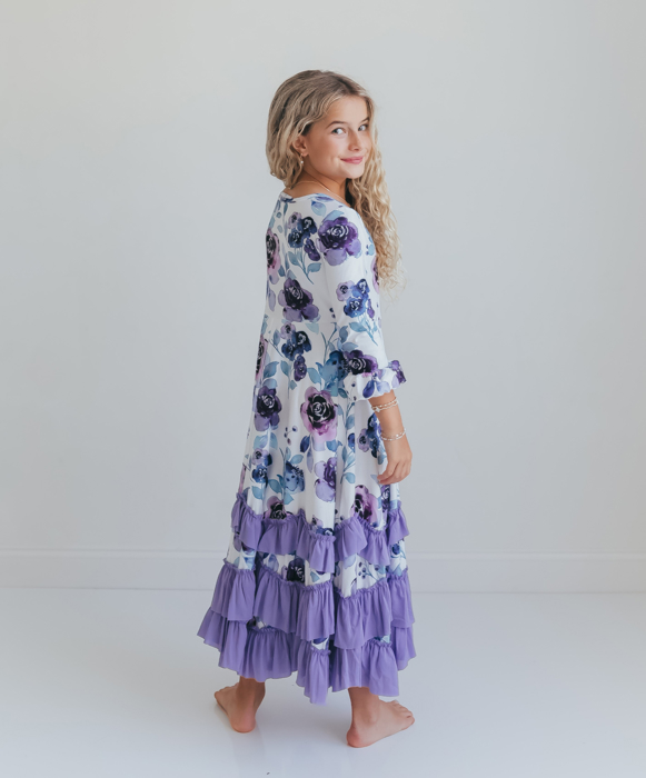 Girls Lavender Winter Floral Long Sleeve Ruffles Dress