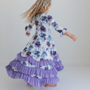  Girls Lavender Winter Floral Long Sleeve Ruffles Dress
