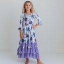  Girls Lavender Winter Floral Long Sleeve Ruffles Dress