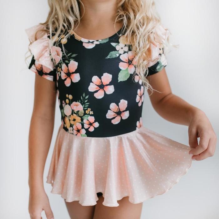 Kids Black Floral Peach Dot Dance Skirted Twirl Leotard