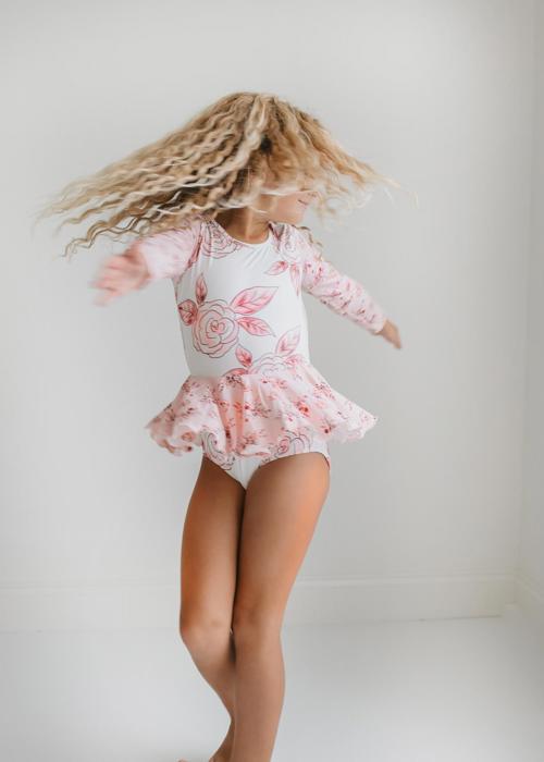 Kids Dusty Pink Rose Dance Long Sleeve Skirted Leotard