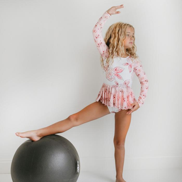 Kids Dusty Pink Rose Dance Long Sleeve Skirted Leotard