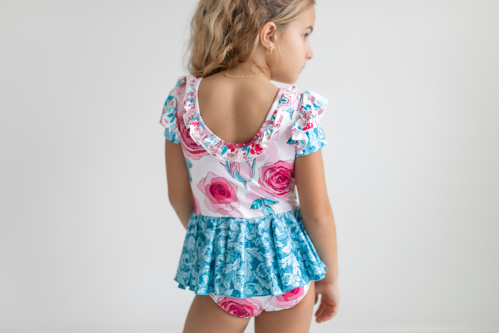 Kids Teal & Pink Rose Dance Gymnastics Skirted Twirl Leotard