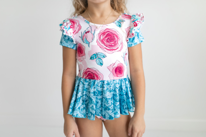 Kids Teal & Pink Rose Dance Gymnastics Skirted Twirl Leotard