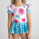  Kids Teal & Pink Rose Dance Gymnastics Skirted Twirl Leotard