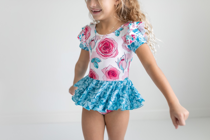 Kids Teal & Pink Rose Dance Gymnastics Skirted Twirl Leotard