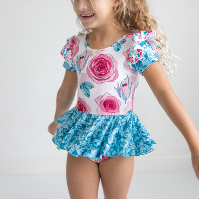 Kids Teal & Pink Rose Dance Gymnastics Skirted Twirl Leotard