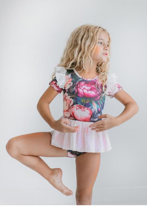 Kids Vintage Peonie Floral Dance Skirted Twirl Leotard