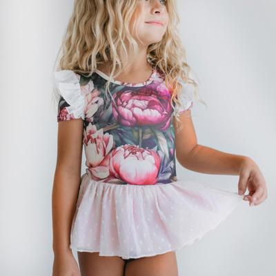 Kids Vintage Peonie Floral Dance Skirted Twirl Leotard