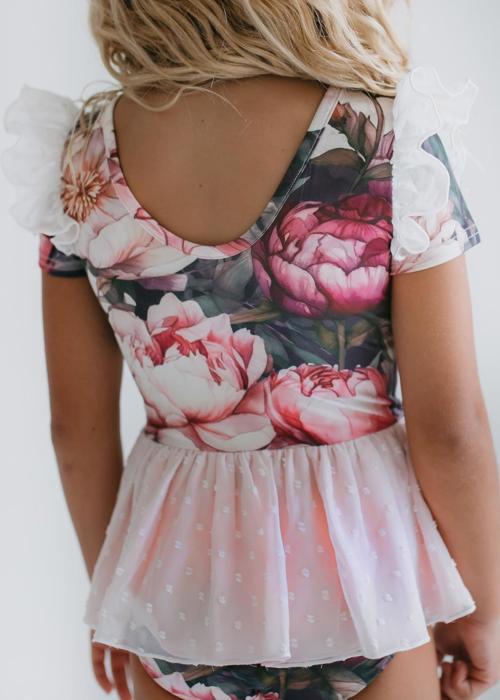 Kids Vintage Peonie Floral Dance Skirted Twirl Leotard