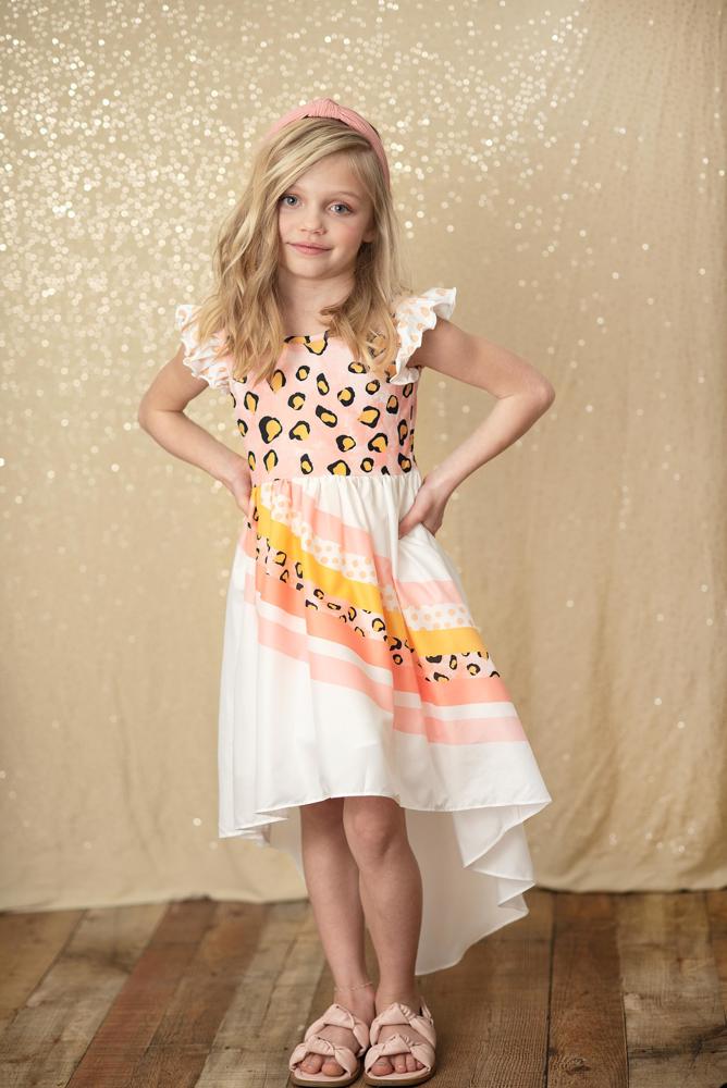 Kids Pink Leopard Short Sleeve Rainbow Dress