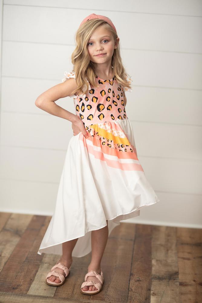 Kids Pink Leopard Short Sleeve Rainbow Dress