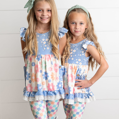 Girls Periwinkle Retro Flower & Checkered Capri Summer Set