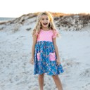  Girls Pink Check & Blue Floral Pocket Twirl Summer Dress