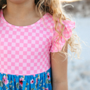  Girls Pink Check & Blue Floral Pocket Twirl Summer Dress
