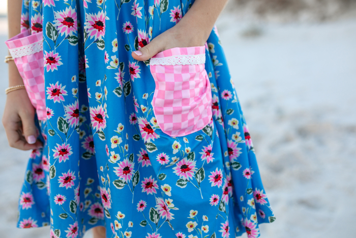 Girls Pink Check & Blue Floral Pocket Twirl Summer Dress