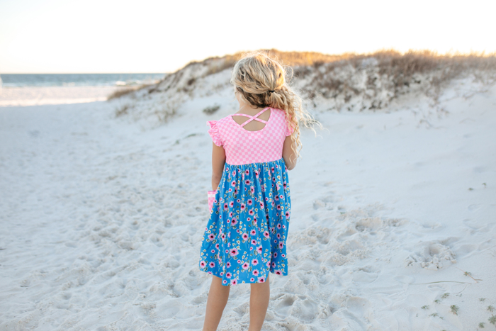 Girls Pink Check & Blue Floral Pocket Twirl Summer Dress
