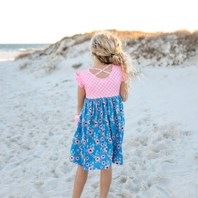 Girls Pink Check & Blue Floral Pocket Twirl Summer Dress