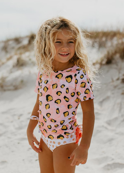 Kids Pink Leopard Rash Guard Ruffle Swimsuit