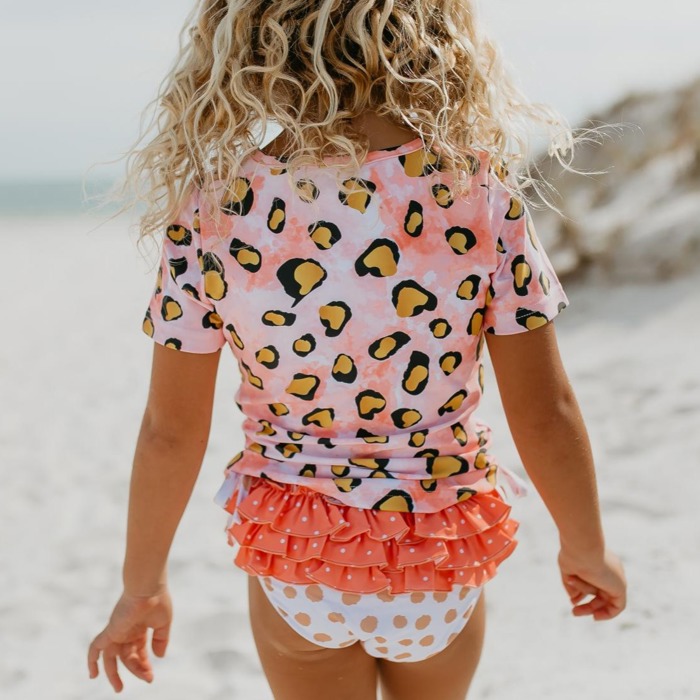 Kids Pink Leopard Rash Guard Ruffle Swimsuit