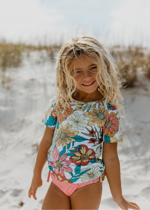 Kids Pink Tropical Rash Guard Ruffle Swimsuit