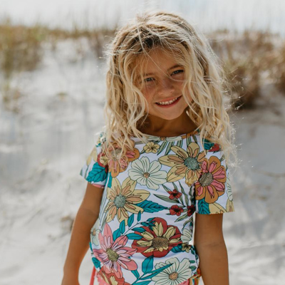 Kids Pink Tropical Rash Guard Ruffle Swimsuit