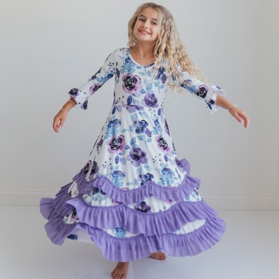 Girls Lavender Winter Floral Long Sleeve Ruffles Dress