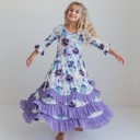  Girls Lavender Winter Floral Long Sleeve Ruffles Dress
