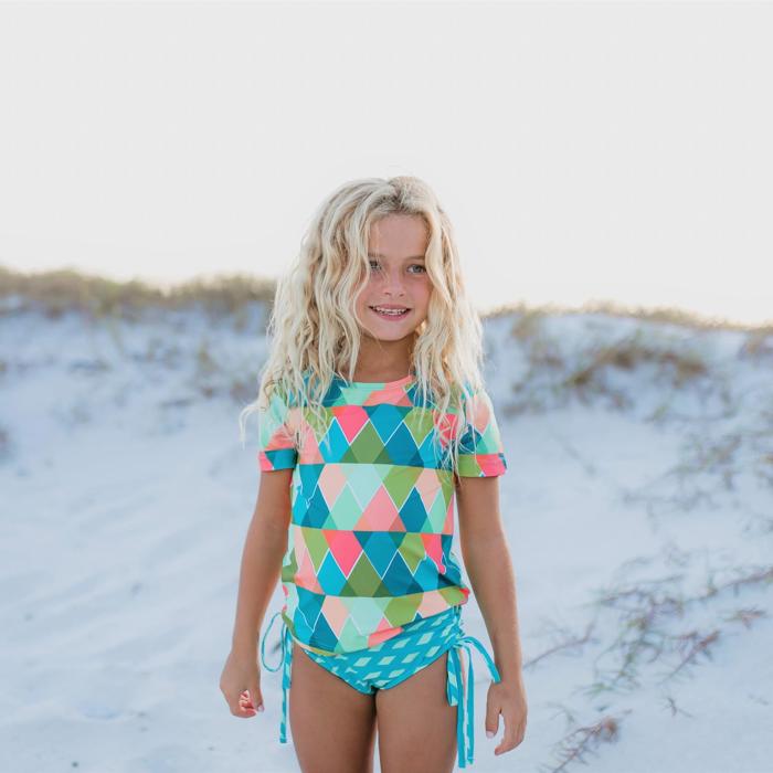 Kids Teal Peach Diamond Rash Guard Swimsuit