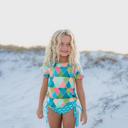  Kids Teal Peach Diamond Rash Guard Swimsuit