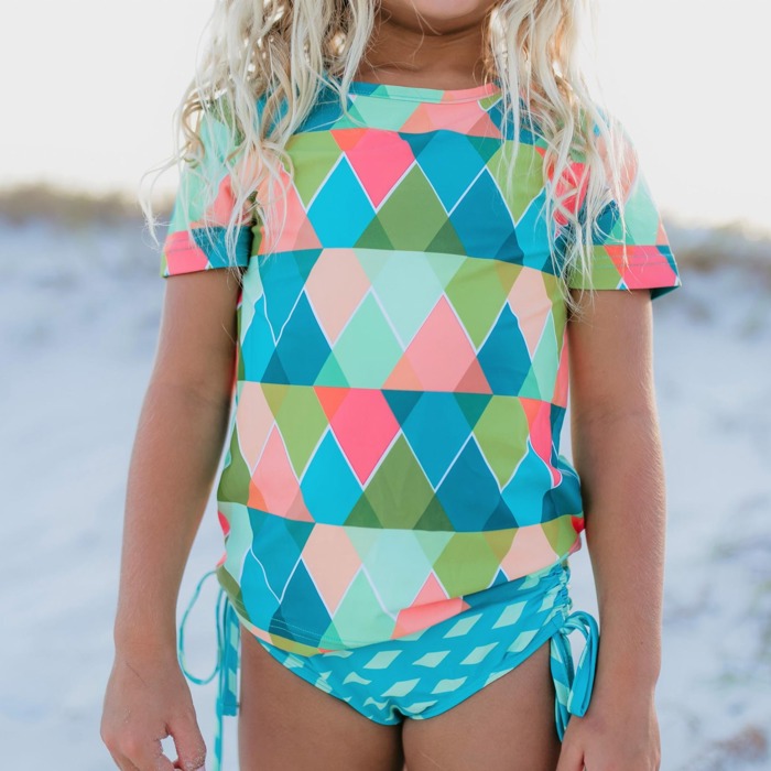 Kids Teal Peach Diamond Rash Guard Swimsuit