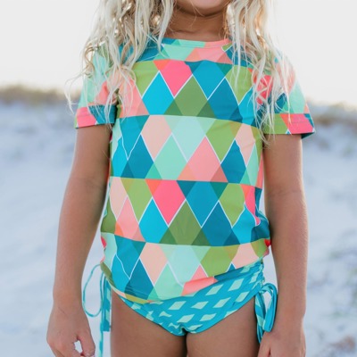 Kids Teal Peach Diamond Rash Guard Swimsuit