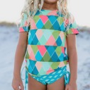  Kids Teal Peach Diamond Rash Guard Swimsuit