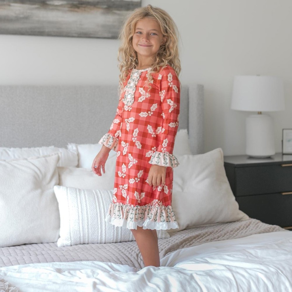 Kids Red Holly Christmas Holiday Ruffle Button Lounge Gown