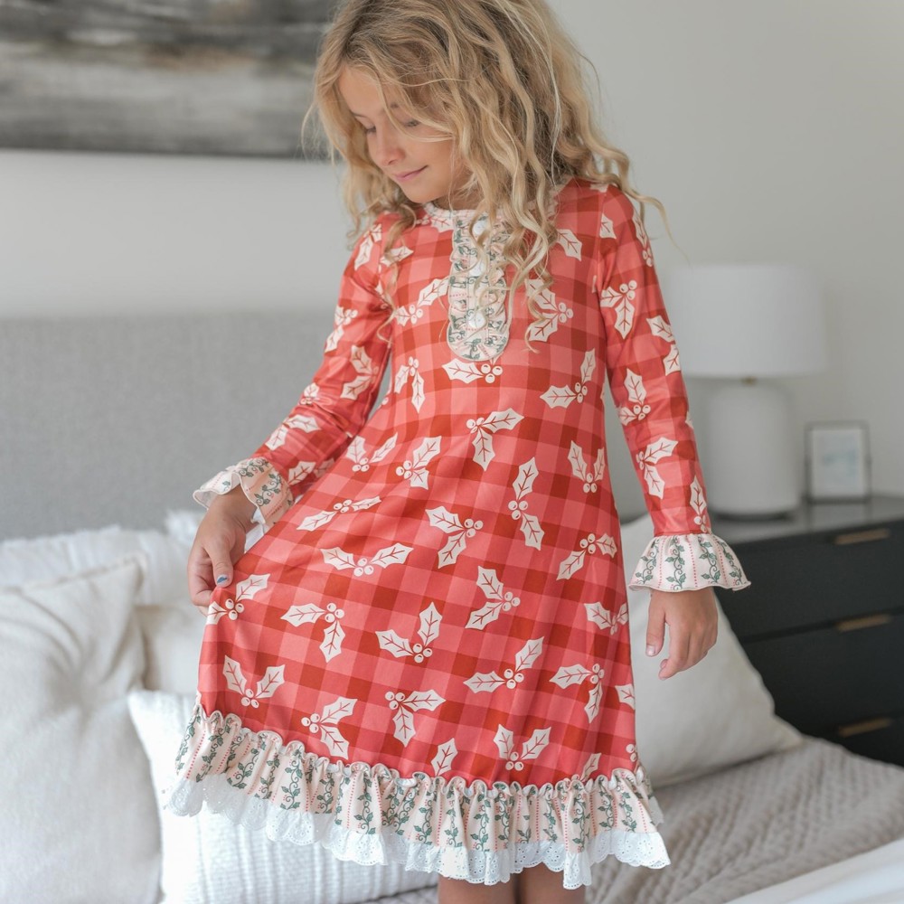 Kids Red Holly Christmas Holiday Ruffle Button Lounge Gown