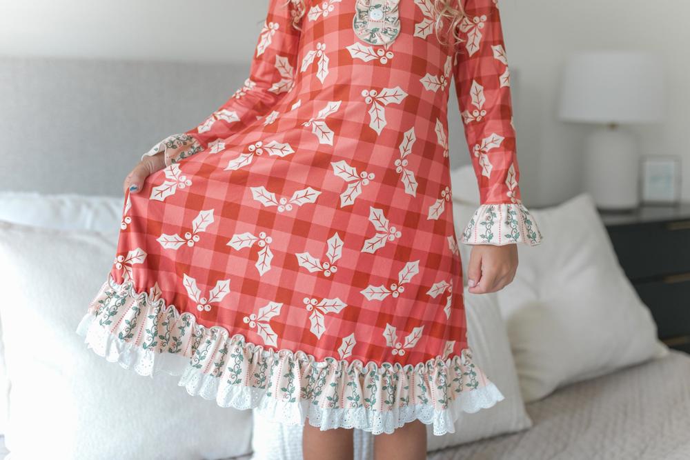 Kids Red Holly Christmas Holiday Ruffle Button Lounge Gown