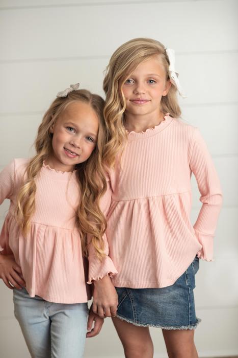 Kids Blush Pink Long Sleeve Lettuce Trim Ribbed Shirt