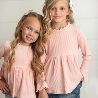 Kids Blush Pink Long Sleeve Lettuce Trim Ribbed Shirt