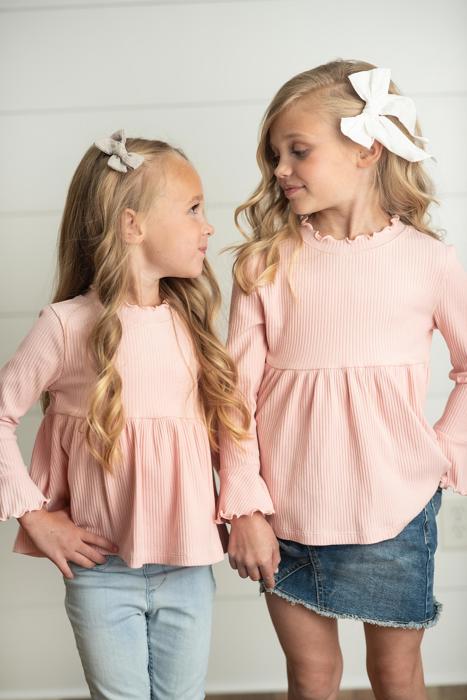 Kids Blush Pink Long Sleeve Lettuce Trim Ribbed Shirt