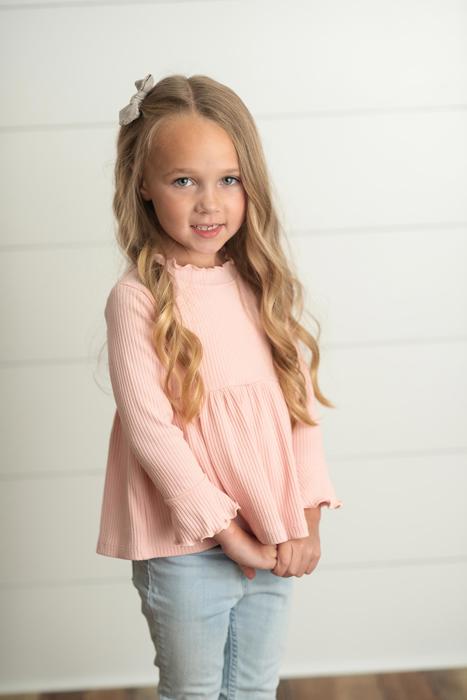 Kids Blush Pink Long Sleeve Lettuce Trim Ribbed Shirt