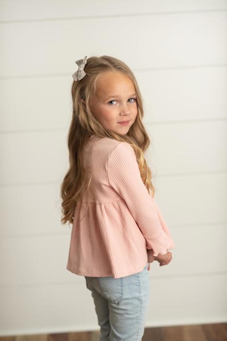 Kids Blush Pink Long Sleeve Lettuce Trim Ribbed Shirt