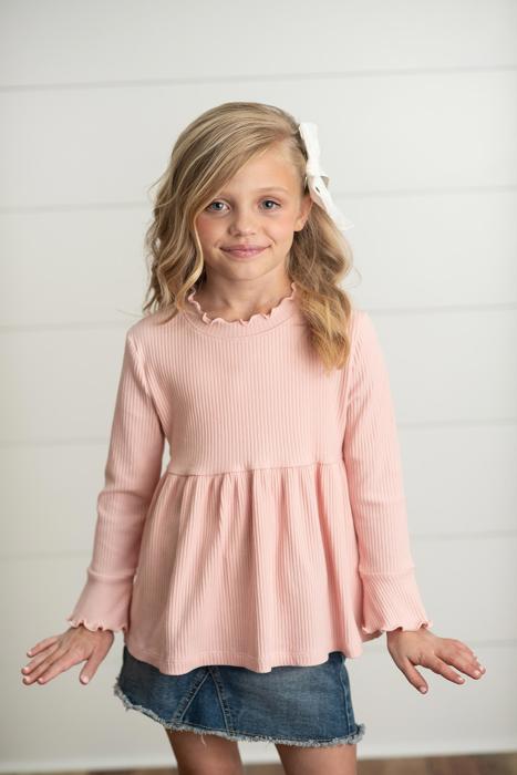 Kids Blush Pink Long Sleeve Lettuce Trim Ribbed Shirt