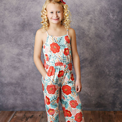 Kids Sage & Coral Floral Jumpsuit With Pockets Size 10/12