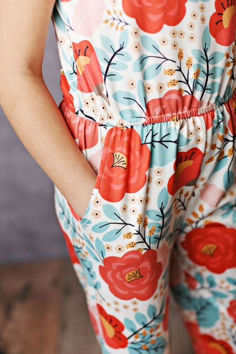 Kids Sage & Coral Floral Jumpsuit With Pockets Size 10/12