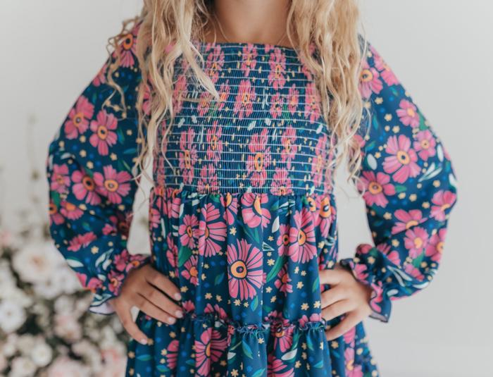 Girls Grace Blue & Pink Flower 3 Tiered Smocked Fall Dress