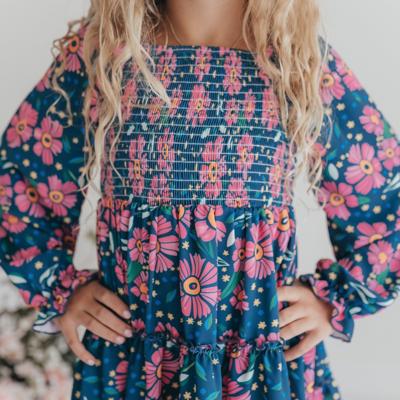 Girls Grace Blue & Pink Flower 3 Tiered Smocked Fall Dress