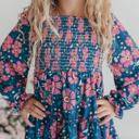  Girls Grace Blue & Pink Flower 3 Tiered Smocked Fall Dress