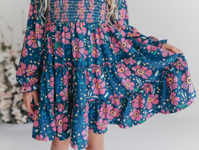 Girls Grace Blue & Pink Flower 3 Tiered Smocked Fall Dress