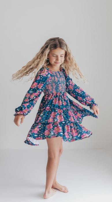Girls Grace Blue & Pink Flower 3 Tiered Smocked Fall Dress
